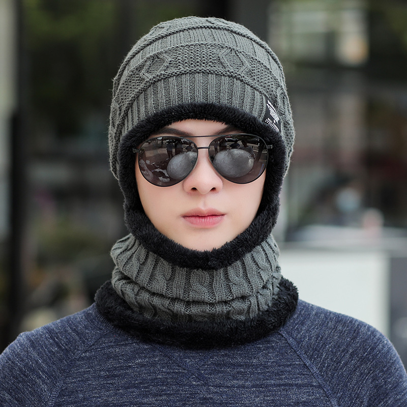 

Visors Hats & Caps 4039 Korean Knitted Hat Mens Autumn and Winter Tide Scarf Set Design Cloth Label Windproof Cycling Slipover Woolen Cap, Khaki