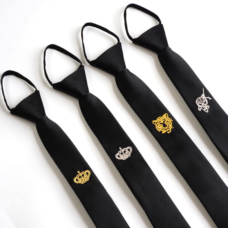 

6cm Narrow Tie Men's Lazy Necktie Business Drawstring Easy Embroidery Crown Black Style Bee Tiger College British Edition Student Neckwear 2pcs/lot