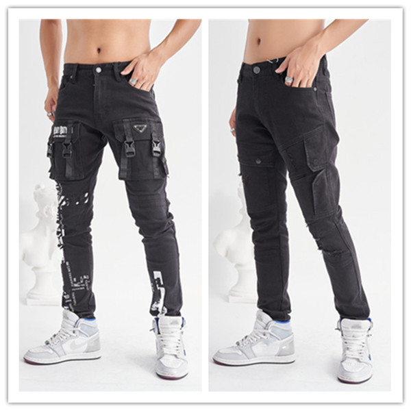 

Mens Jeans Newest Designer Bags More Fashion overalls dungarees Cargo pants Office Casual Slim Stretch Motorcycle Trousers Fold Pant Top Quality Size W29 W40, Black