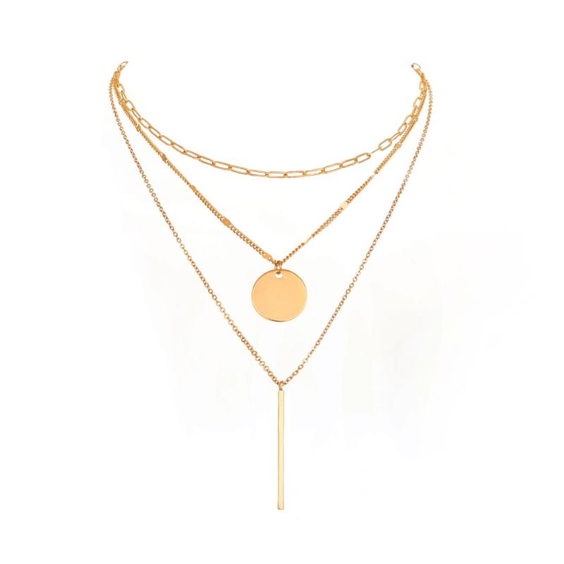 

Chains 2022 Trendy Gold Stick Geometric Round Disc Pendant Necklace For Women Chain Tassel Choker Daily Accessory Wholesale