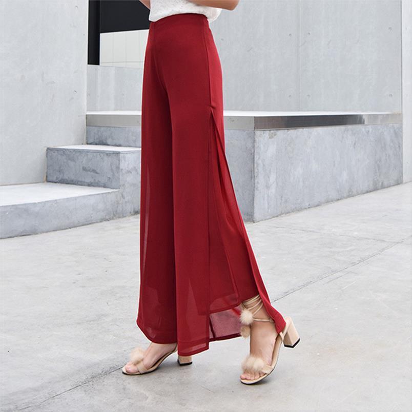 

fashion chiffon wide legged womens capris casual loose trousers thin fake two piece high waist slits beach, Black;white