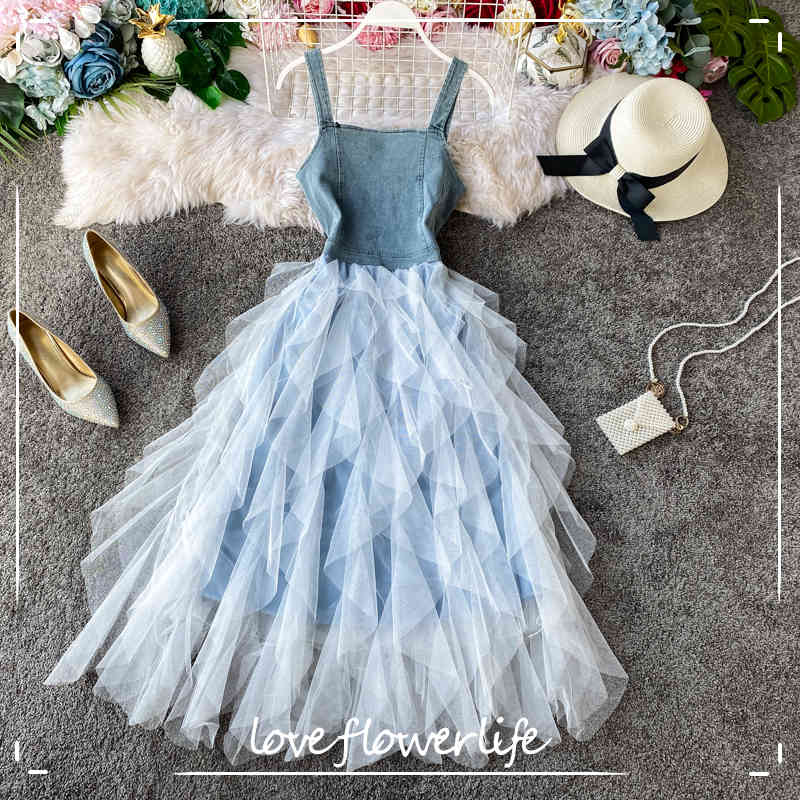 

Sweet Denim Ruffles Princess Vestidos Spring Kawaii Korean Women Dress Ins Fashion Mesh Patchwork Dress 210521, Blue