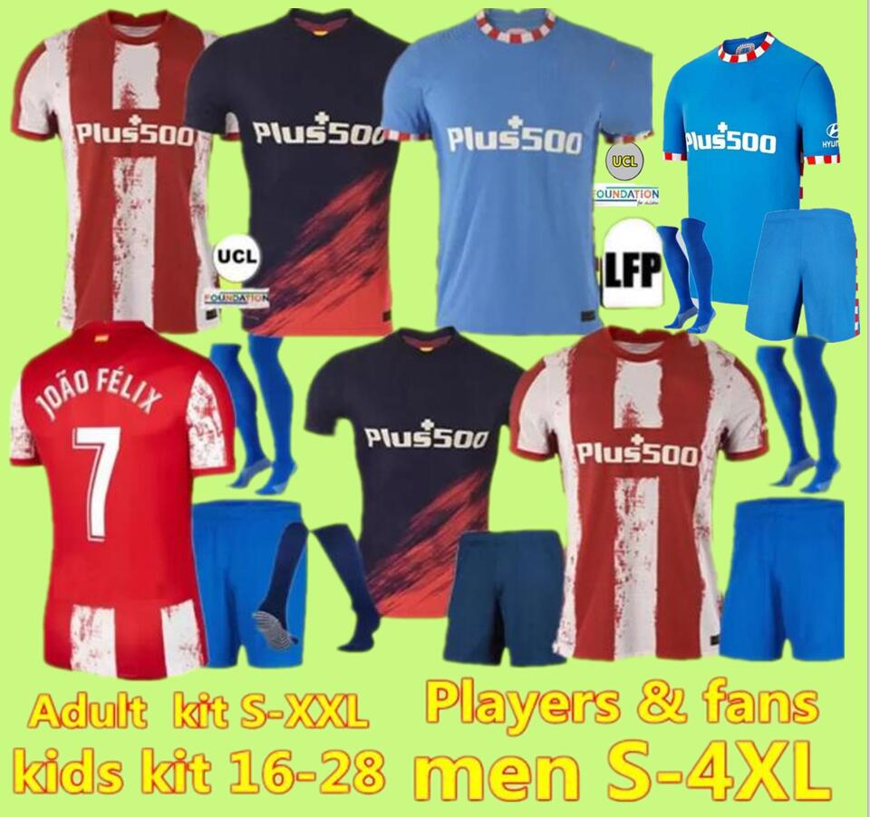 

Player FANS version 21 22 Atletico soccer jerseys MADRID JOÃO FÉLIX camiseta 2021 M. LLORENTE KOKE SAUL SUAREZ football shirts 2022 LEMAR men kids kit sets uniforms, Player version