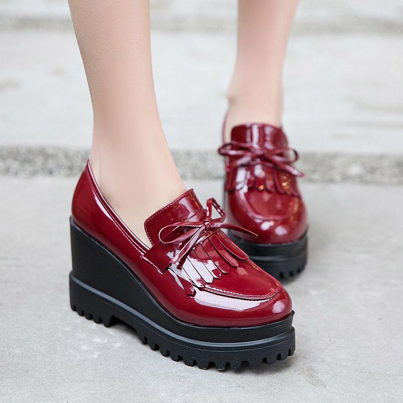 

Dress Shoes 2021 Spring Autumn Women Pumps High Heels Wedges Fringed Platform Ladies Patent Leather Boat Black 8241C, Wine red