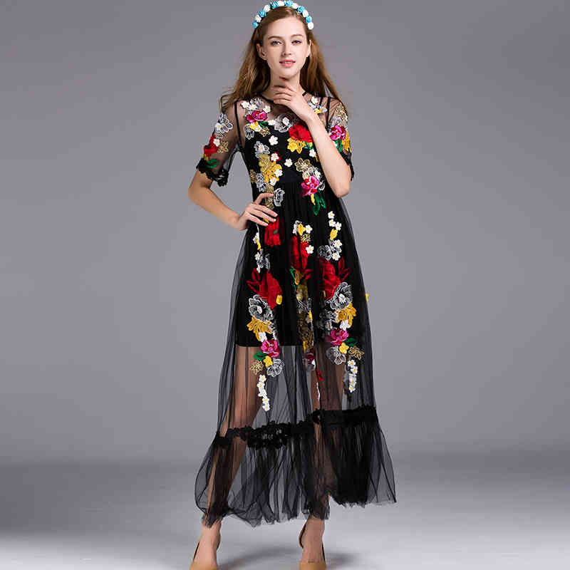 

dress Black Sexy Embroidered Flowers Malha XXL Summer Beginning Spring Short Translucid Daily Mode Women's Long ed