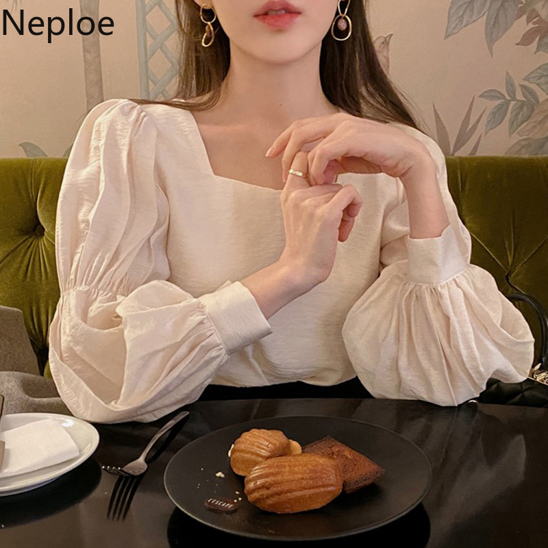 

Neploe Pleated Blouse Women Solid Square Collar Puff Sleeve Ladies Blusa Shirts Spring 2021 Fashion Casual Female Tops 1B275, Apricot