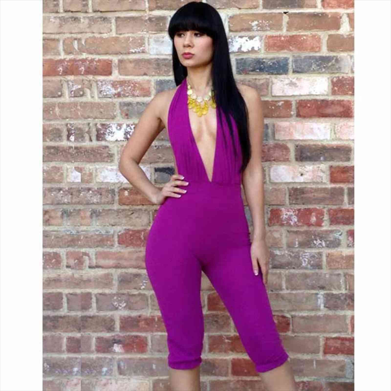 

summer flirty halter plunging womens jumpsuit v purple backless short bandage one shoulder hollow out catsuit, Black;white