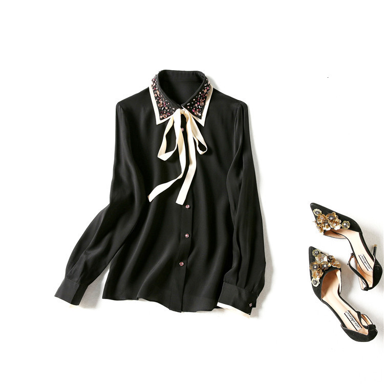 

Women' Blouses & Shirts European and American women' clothes spring The Long-sleeved button-down lapel bow style silk shirt WVIR, White