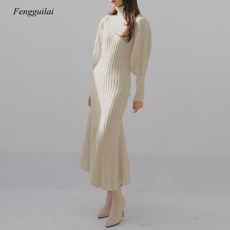 

Casual Dresses Black Turtleneck Sweater Dress Long Sleeve Mermaid Sexy Midi Knitted Birthday Outfits Women Robe Winter Elegant Korean Fashio, Beige