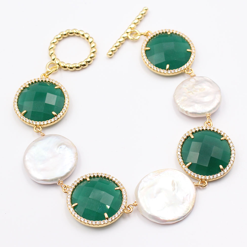 

GuaiGuai Jewelry Natural White Keshi Coin Pearl Gold Plated CZ Green Jades Connector Bracelet Handmade For Women Lady Jewelry