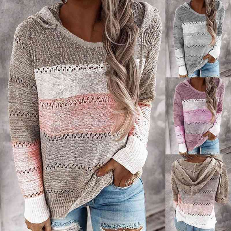 

45 woman sweaters hooded lightweight knit sweater long sleeve stripe pullover sweatshirt women clothes, White;black
