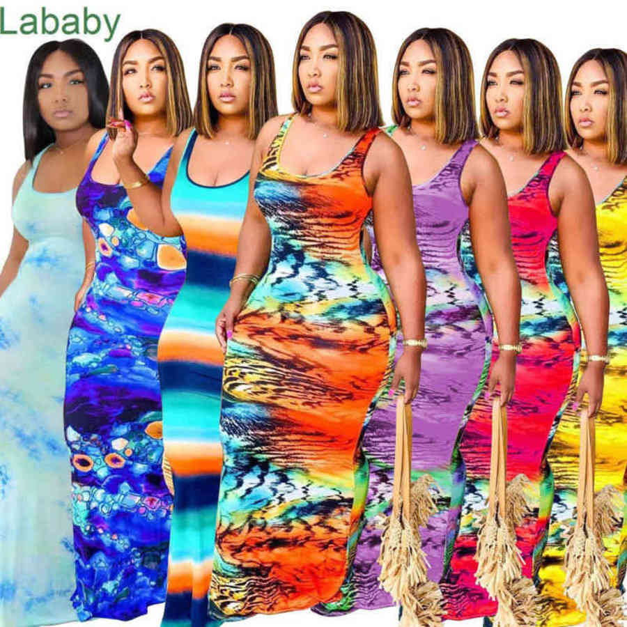 

Women Dress Designer Sexy Tie Dye Sleeveless Midi Dresses Pattern Printed Vest Long Skirt 7 Colours Plus Size -5XL, Blue