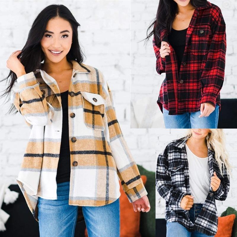 

Women's Blouses & Shirts Ins WindNet Red Autumn Winter Loose Lapel Wool Plaid Shirt Coat Casual Cardigan 2021, White