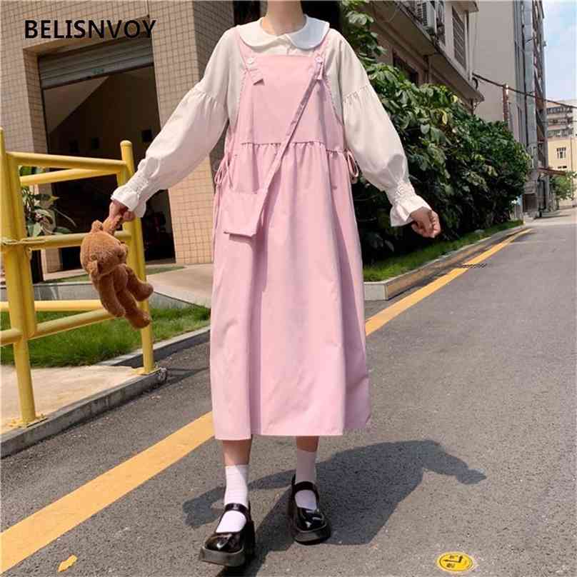 

Japanese Preppy Style Women Universal Sundress Suspenders Pink Navy Blue Sleeveless Cute Kawaii Bandage Mori Girl Midi Dress 210520