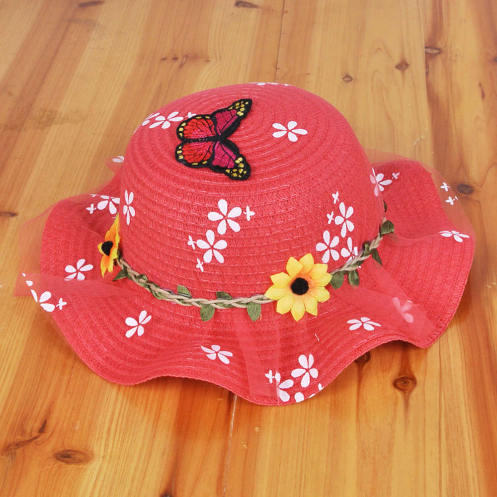 

Children's spring and autumn cartoon straw girl Chiffon Lace Korean Dayan sun Beach hat, Yellow