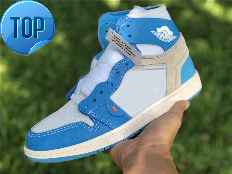 

New Authentic 1 High OG UNC Off Outdoor Shoes Man Women White Powder University Blue Dark Cone Black Red Chicago Yellow Sneakers With Box