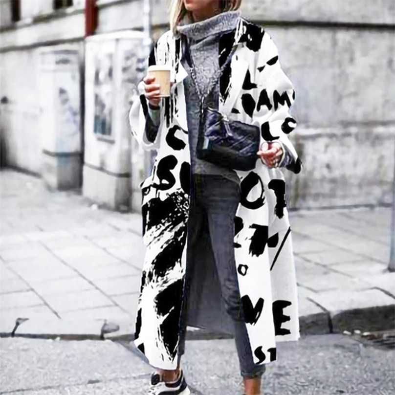 

Fashion Casual Long Sleeve Winter Women Warm Jackets Vintage Printed Tweed Long Cardigan Lady Elegant Lapel Pocket Outerwear 211019, 03 black and white