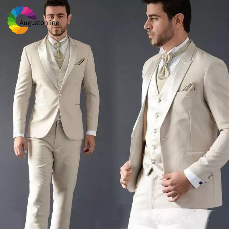 

Men's Suits & Blazers Slim Fit Wedding Groom Wear Tuxedos 3 Pieces (Jacket+Pants+Vest) Bridegroom Prom Men Best Man Blazer Costme, Beige