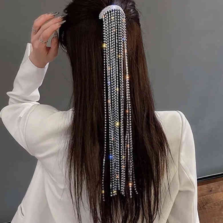 

Shine Full Rhinestone Hairpin Woman Hair Clips Long Tassel Crystal Hair Accessories Wedding Banquet Headdress twinkle glitter glint blink Ponytail