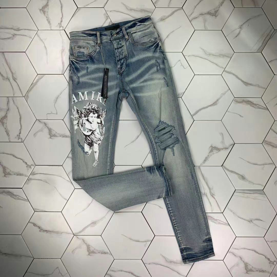 

PH395-2 High quality Mens jeans Distressed Motorcycle biker jean Rock Skinny Slim Ripped hole stripe Fashionable snake embroidery Denim pants, Blue