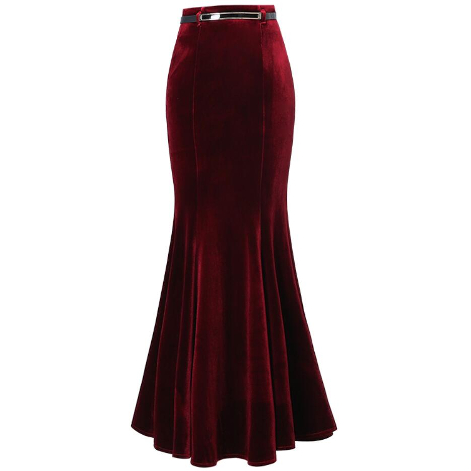 

plus size 5XL! Autumn Vintage Velvet Black Maxi Long Mermaid Skirt 2021 Fashion Women Elegant Velour Skirts With Belt