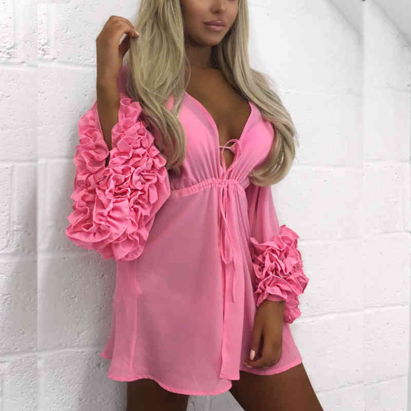 

Sexy Women Bikini Cover Up Swimwear Long Sleeve Summer Chiffon Beach Floral Ruffles V Neck Blouse Fashion Women Clothes Red S-XL, Pink
