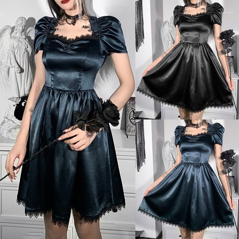 

Casual Dresses Gothes Dark Elegant Lace Trim Gothic A-line Dress Vintage Women Ruched Front Puff Sleeve Mini Autumn Fashion Slim Clubwear, Black