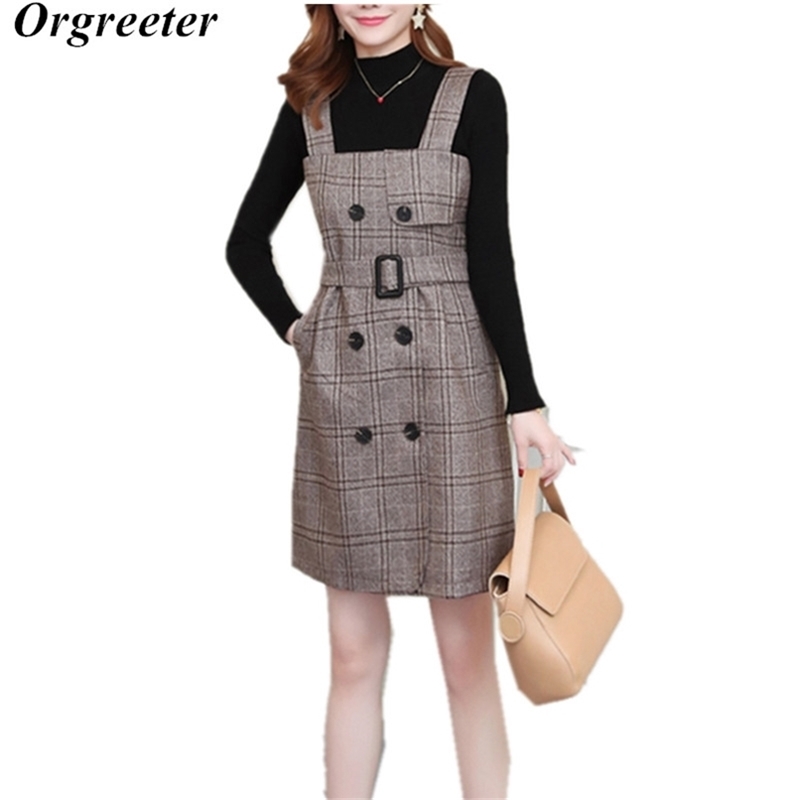 

Two Piece Sexy Spaghetti Strap Dress Set Autumn Winter Knitted Pullover Sweater +Double-breasted Woolen Plaid Suit 210602, Gray