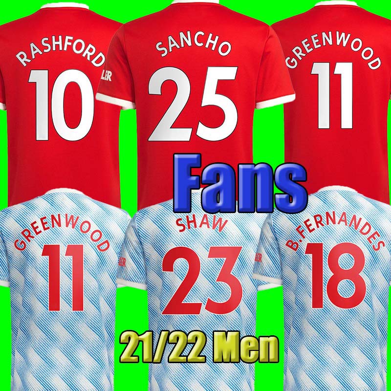 

#25 SANCHO #10 RASHFORD Home Red Soccer Jersey 2021/2022 #11 GREENWOOD #18 B.FERNANDES Away Blue Men Adult Soccer Shirt 21/22 #6 POGBA #23 SHAW #19 R.VARANE Football Jerseys, Home no patch