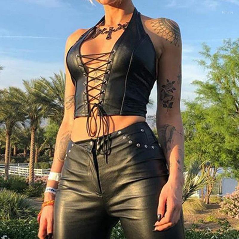 

Ladies Summer Leather Strappy Halter Neck Sexy Vest Top Streetwear Bandage Fashion Camisoles & Tanks