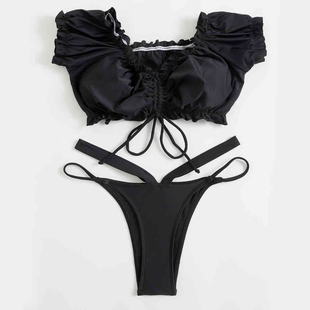 

Sexy Frilled Trim Bardot Bandeau Bikini Black Swimsuit Female Women Swimwear Two-pieces Set Lace Up Bather Bathing Suit 210520