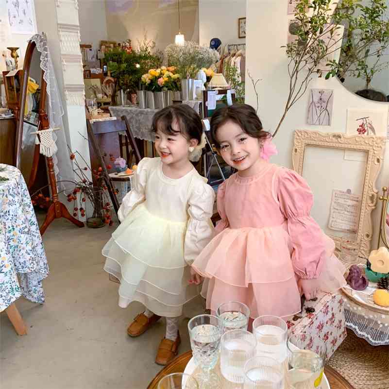 

Spring girls birthday party dress kids solid color long sleeve and organza sleeveless layered es 210708, Beige