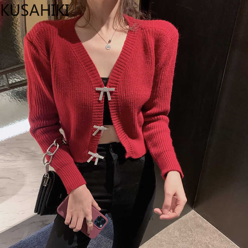 

KUSAHIKI Knitted Cardiagn Women Spring Short Knitted Coat Sweet Bow Single Breasted Long Sleeve V-neck Sweater 6E412 210602, Black