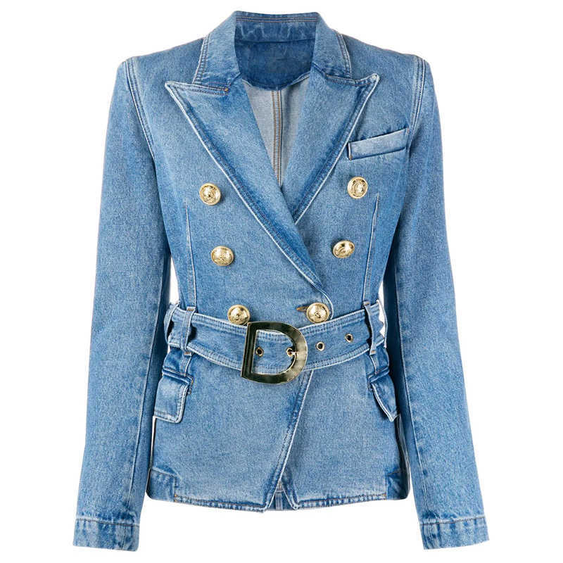 

HIGH QUALITY est Fashion Designer Women's Double Breasted Lion Buttons Belted Soft Denim Blazer Jacket 210526, Beige
