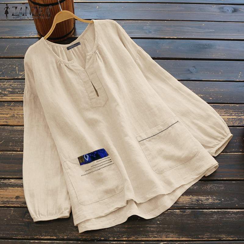 

2021 ZANZEA Elegant Patchwork Tops Woman Autumn Blouse Long Sleeve Shirts Female Casual Blusas Female Cotton Chemise Plus Size, Beige