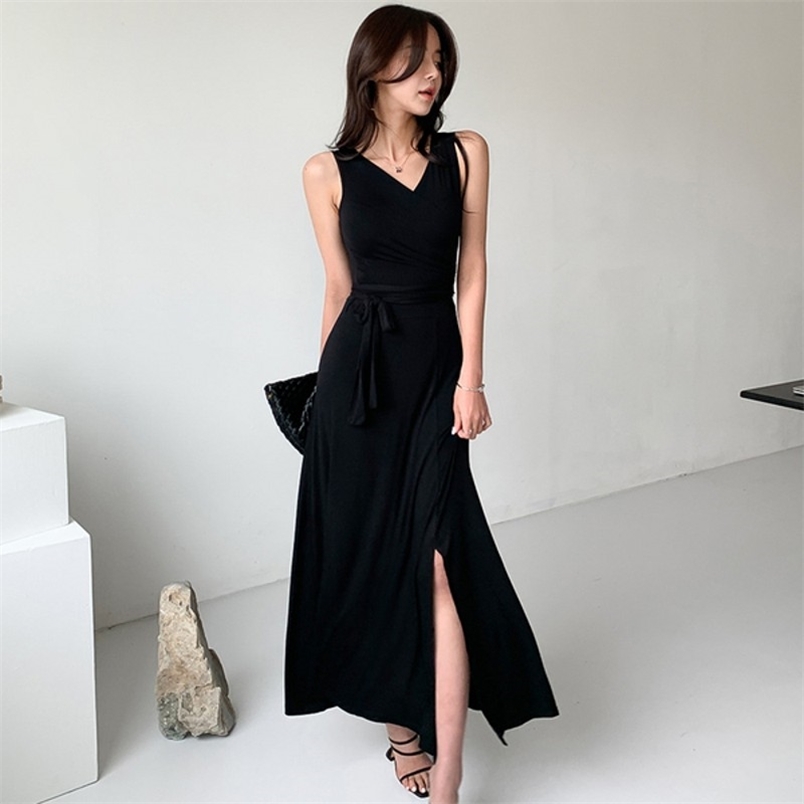 

Summer Sexy V-Neck Lace-Up Elegant Long Dress Vintage knit Fashion Slim Waist Casual Party Vestidos 210519, Black