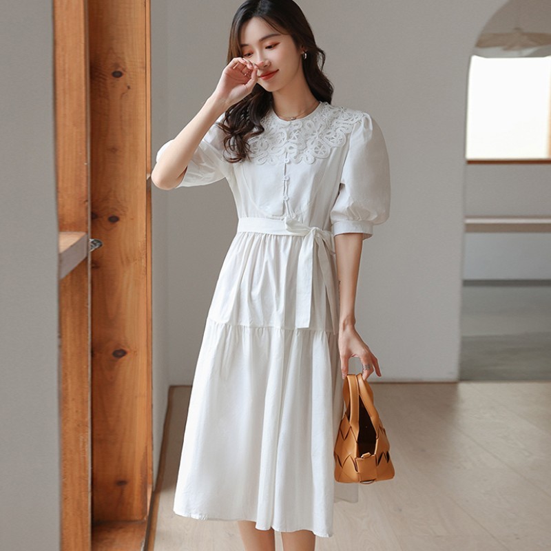 

Women Dress Summer Sweet Lace With Peter Pan Collar Puff Sleeve Female Dress Elegant Casual Vintage Dress Vestidos 210518, Blue