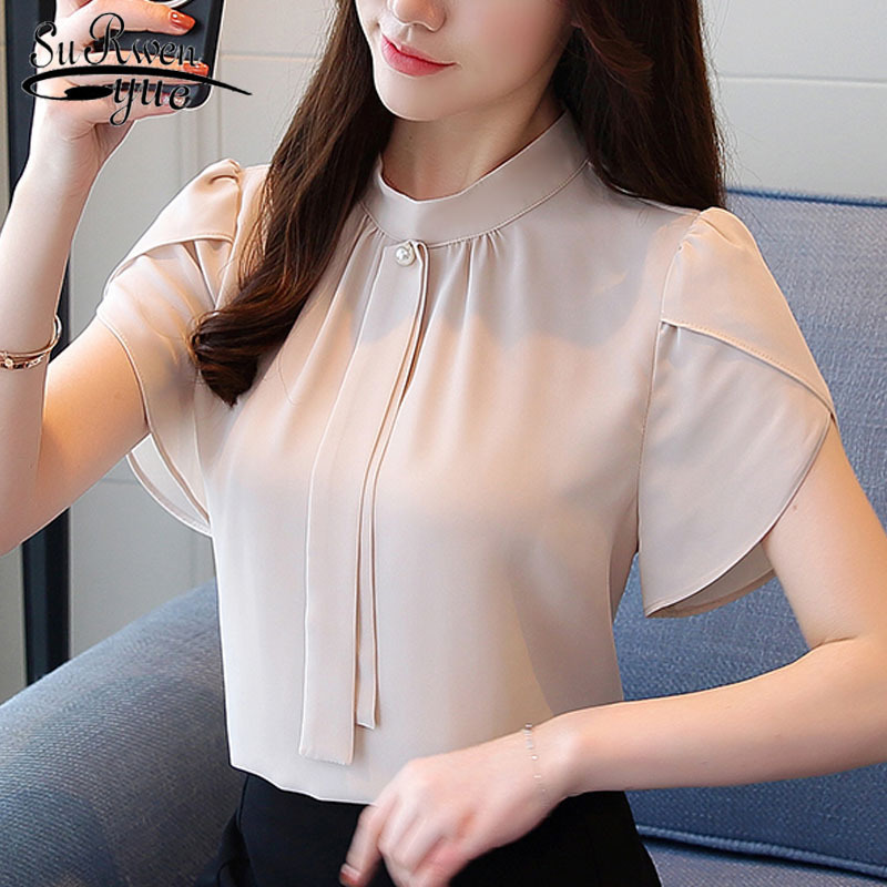 

Fashion women blouse and top stand collar chiffon off shoulder Solid Flower Sleeve lady shirt 3477 50 210521, Beige