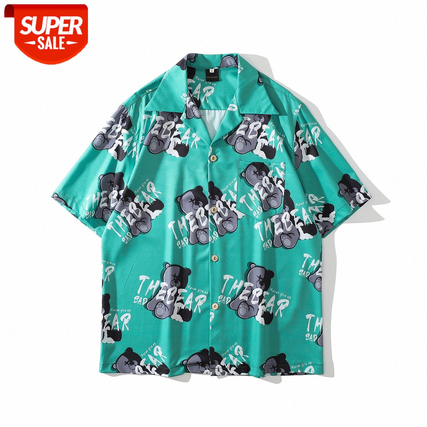 

Bear full print short-sleeved floral shirt Cuban collar Weiyi vintage loose retro men's and women's shirts #Oo7I, White;black