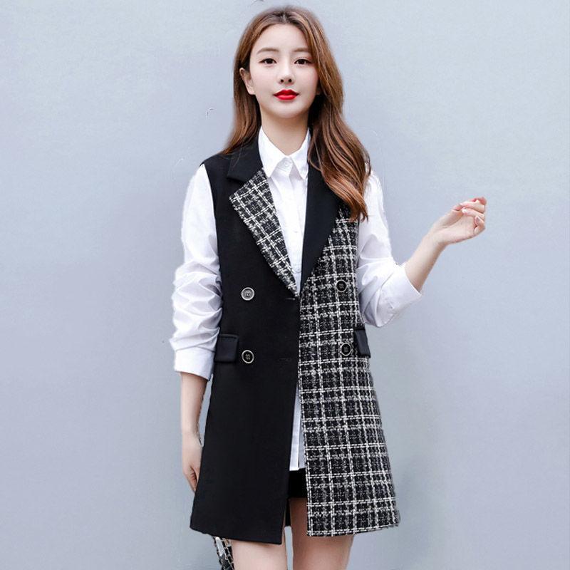 

Women's Vests Woman Blazer Casual Waistcoat Female Temperament Lapel Long Suit Office Ladies Plaid Patchwork Pockets Coat A15, Black;white