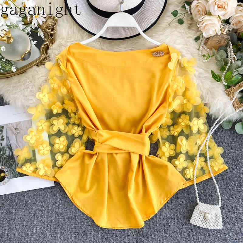

Gaganight Appliques Flower Mesh Patchwork Women Blouse Flare Three Quarter Sleeve Elegant Shirt Office Lady Korean Fashion Blusa 210519, Pink
