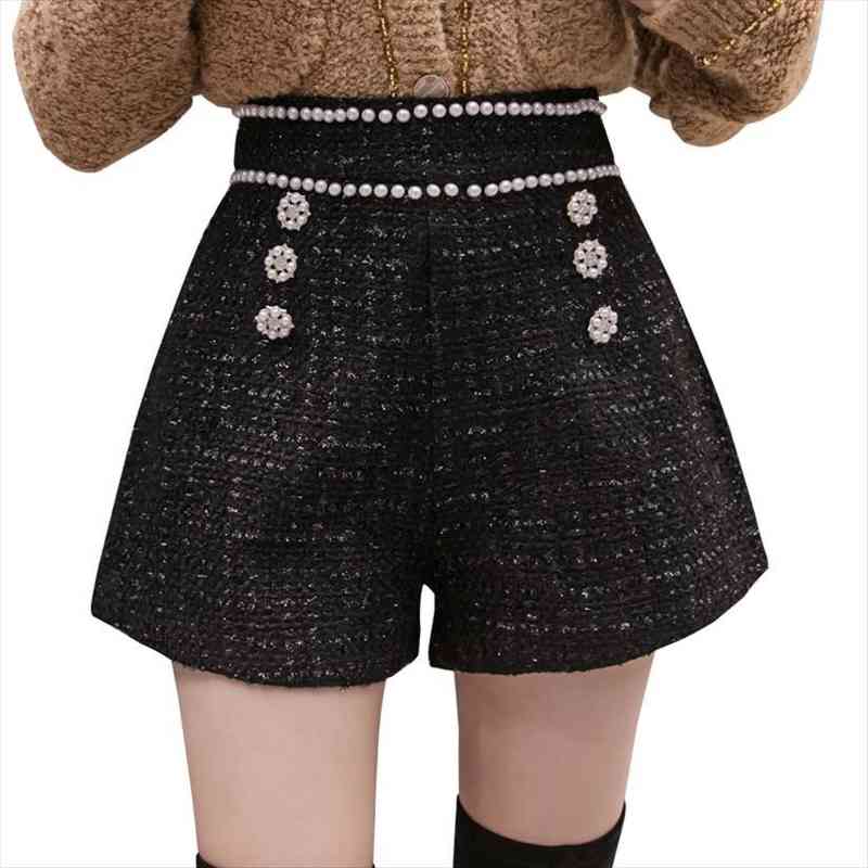 

autumn winter tweed black womens shorts korean fashion pearls beading high waist wide leg mujer double breasted, White;black