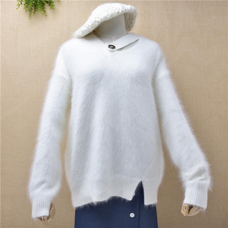 

Women's Sweaters Elegant Hairy Angora Fur Ladies Women Knitwear V-neck Long Sleeves Loose Mink Cashmere Pullover Blouses Sweater Spri, Body62cm chest116cm