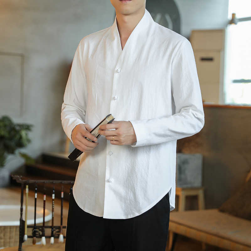 

Spring and autumn men's wear Chinese style large cotton hemp stand collar Chinese Tang suit pan Kou meditation Hanfu Long Sleeve Shirt Men's, White;black