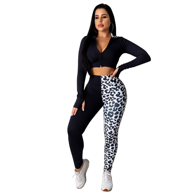 

Women Designer Leopard Patchwork Tracksuits Casual 2 Piece Pencil Pants Fashion Spring Autumn V-Neck Two Pieces Outfit with Zipper, White