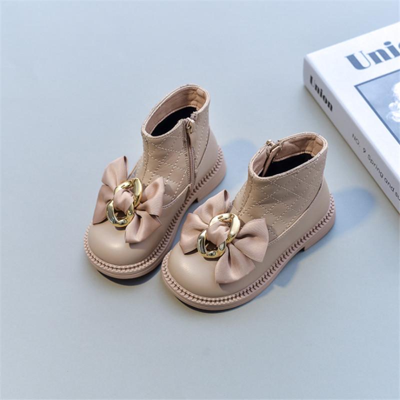

Boots 2021 Autumn Children Shoes Genuine Leather Kids Butterfly-knot Non-slip Fashion Toddler Boys Girls 22-33, Black;grey