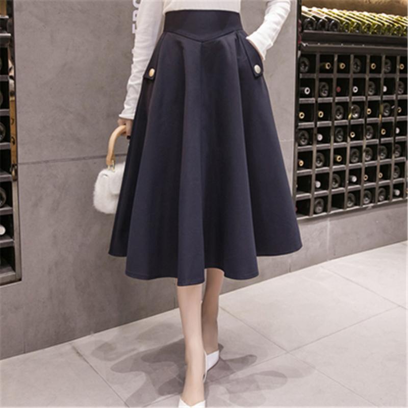 

Skirts 2022 Spring Womens High Waist A Line Big Swing Midi Skirt Korean Pockets Office Lady Elegant Women Jupe Femme Falda, Black