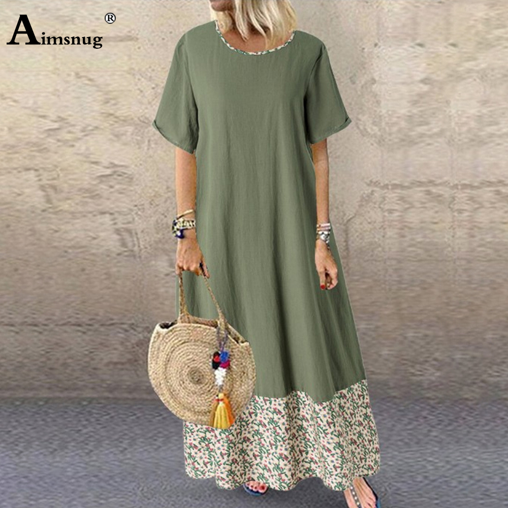 

Aimsnug 2021 Summer Ladies Elegant O-neck Long Maxi Dress Patchwork Boho Cotton Linen Dresses Plus size Women Casual Loose Dress, Apricot