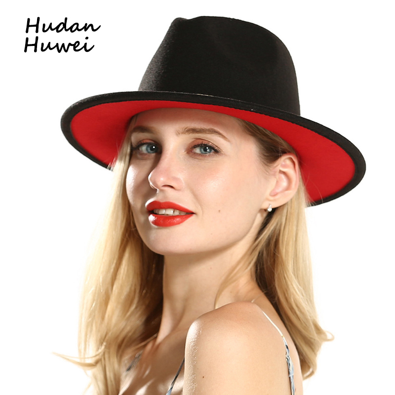 

European US Mens Women Black Red Patchwork Jazz Fedoras with Ribbon Wool Felt Fedora Wide Brim Panama Style Hat for Festival T200118