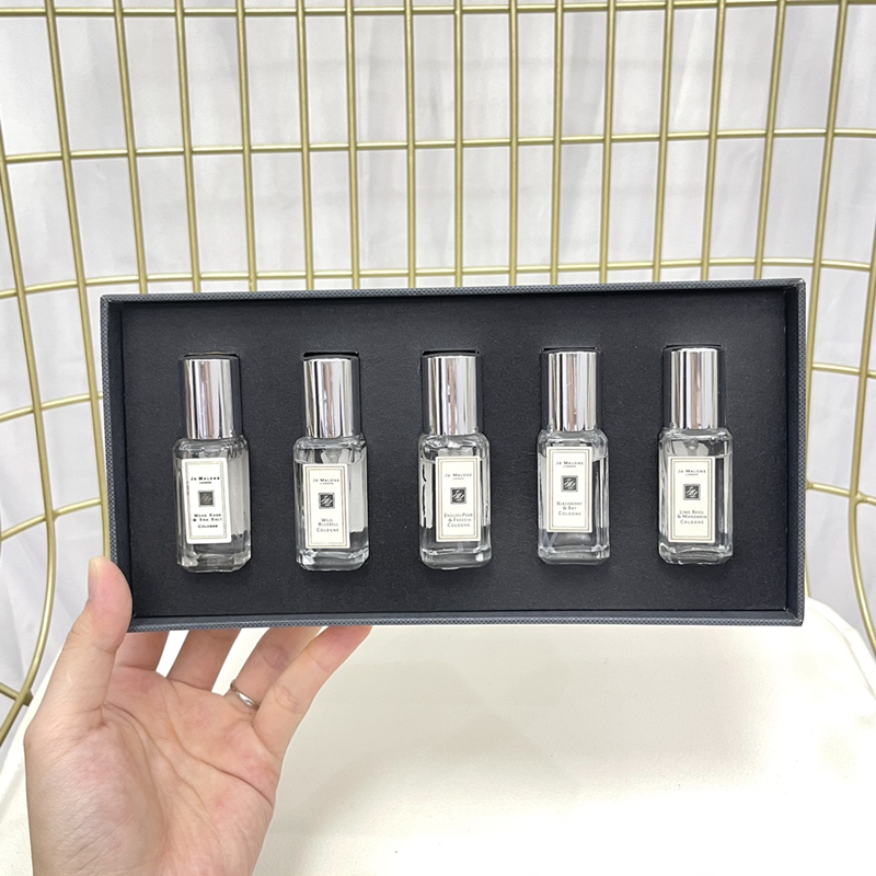 

The Latest Perfume set Jo Malone Orange blossom English Pear Wild Bluebell Blackberry Lime Basil 9ml*5 Top quality cologne men perfumes fragrance 5pcs suit kit